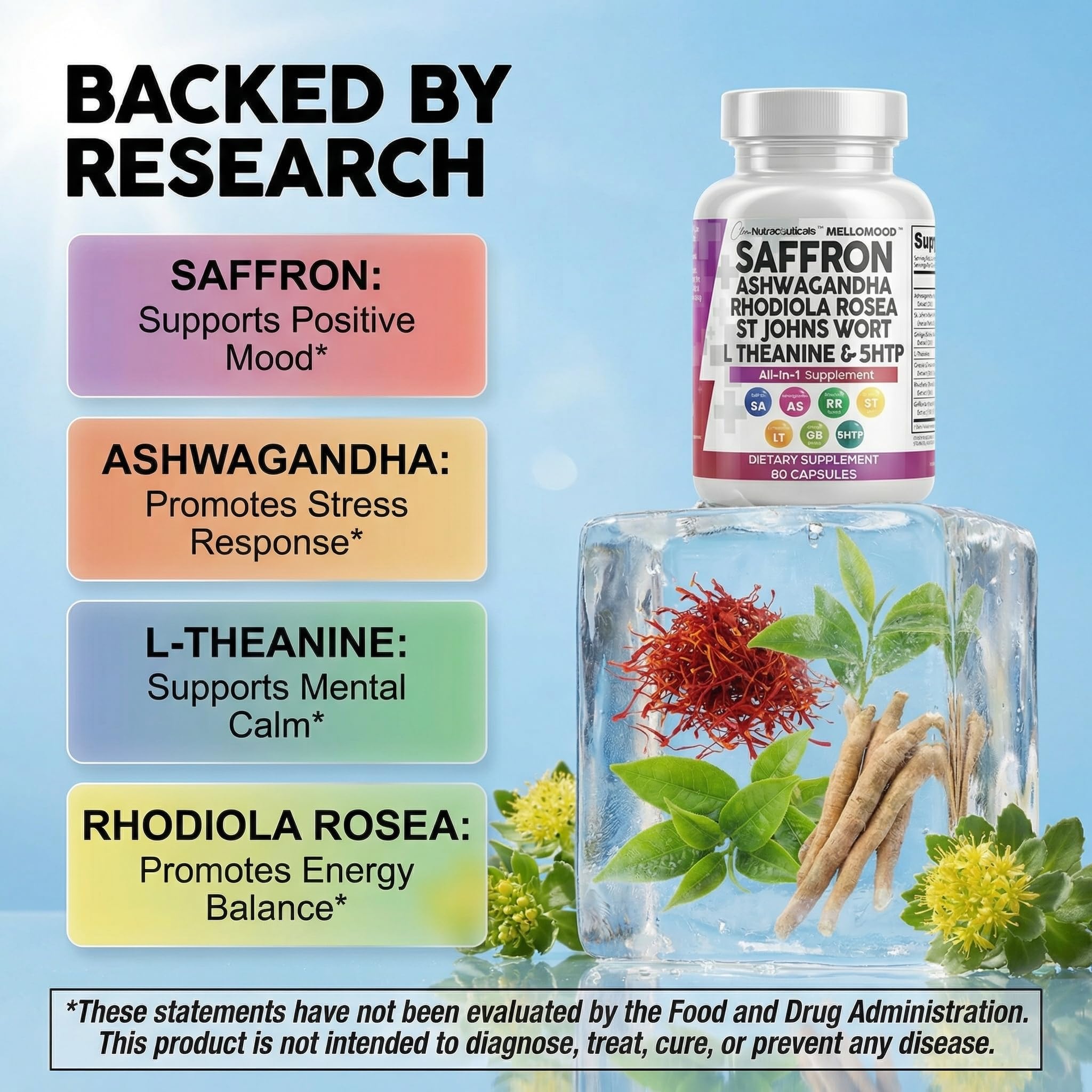 Clean Nutraceuticals Saffron Supplements Extract 100mg + Ashwagandha L-Theanine 200mg - Mood Support Ginkgo Biloba, St. John's Wort, Rhodiola Rosea & 5-HTP Capsules Pills Men Women Clean Nutraceuticals buy australia supplements