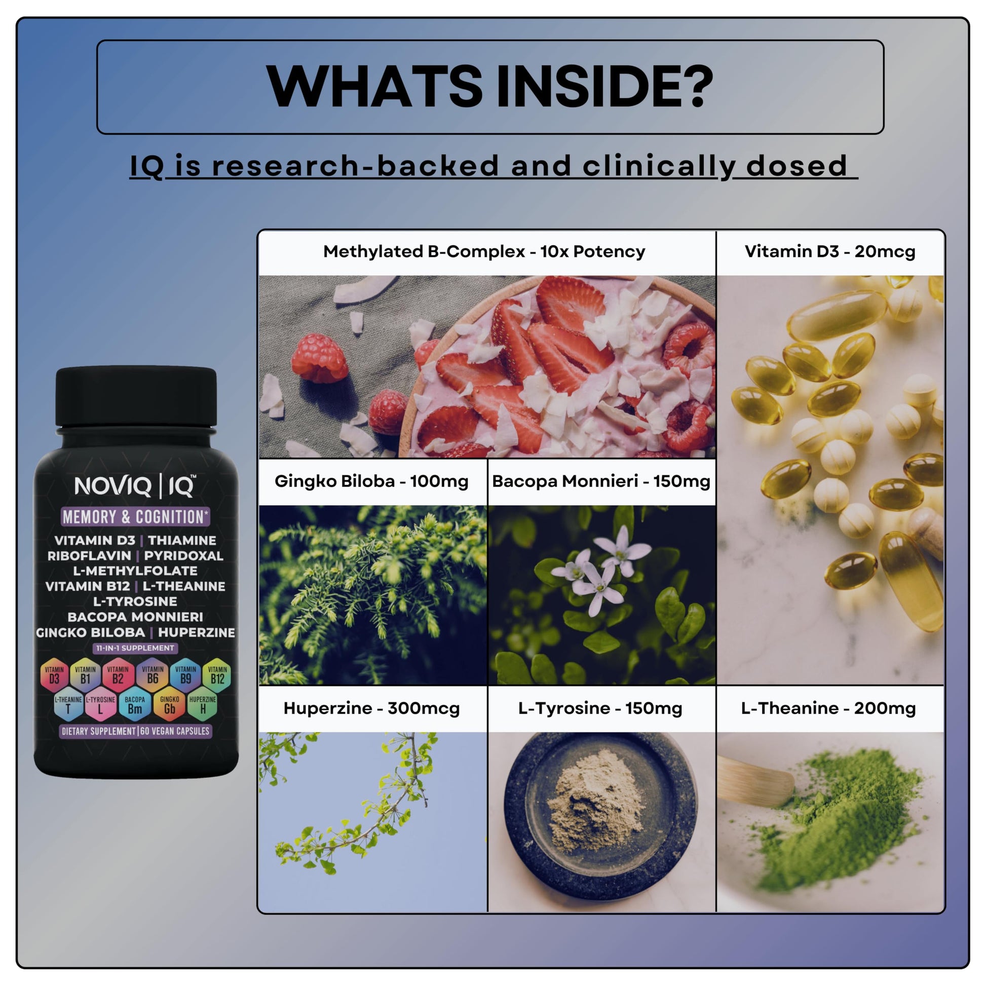 11-in-1 Nootropic Supplement: Supports Memory & Cognition - 100mg Ginkgo 150mg Bacopa 300mcg Huperzine 200mg L-Theanine 150mg L-Tyrosine & Bioactive B-Complex w/ 5-MTHF - 1,100mg+ Serving - 60 Count NOVIQ buy australia supplements