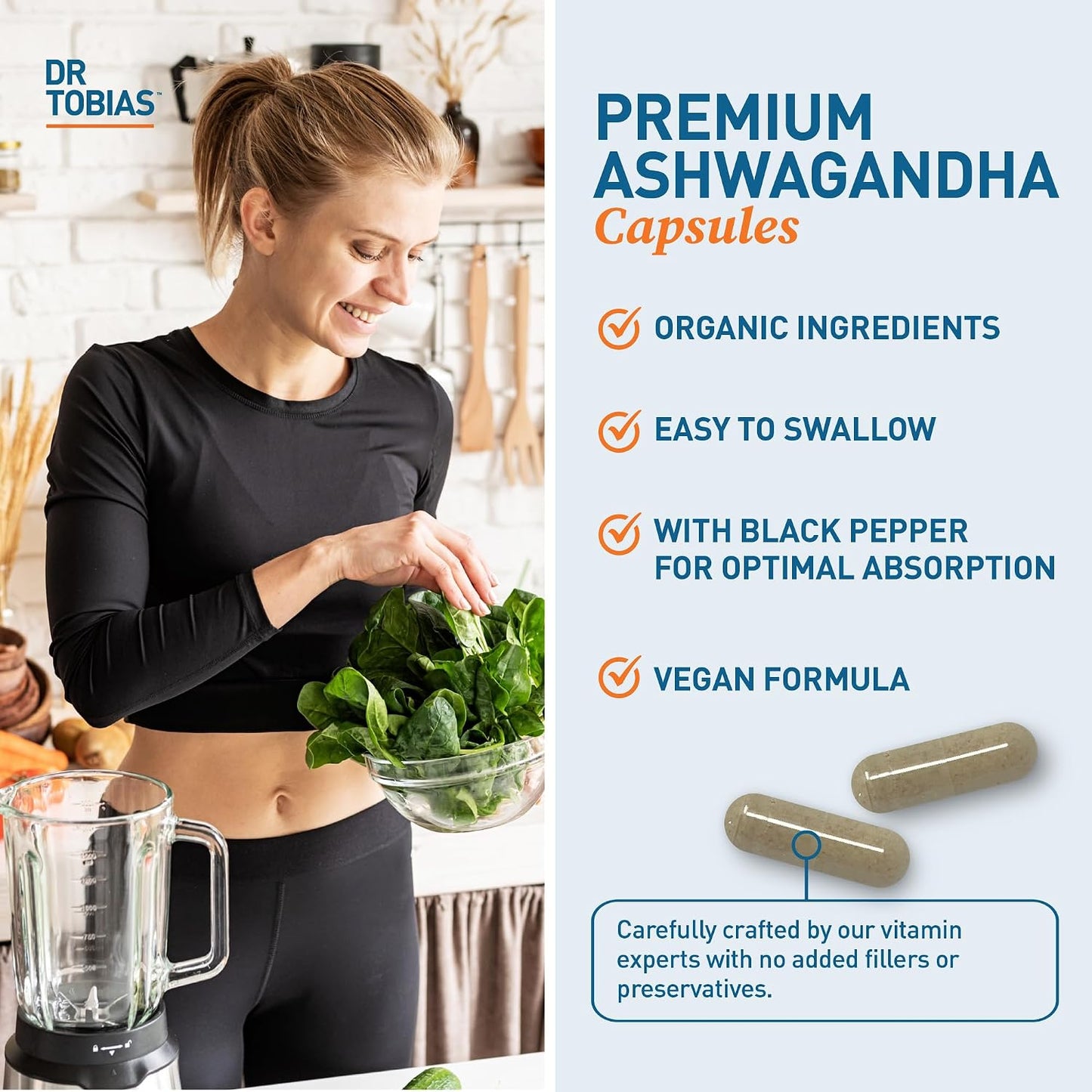 Dr. Tobias Ashwagandha Capsules - 1300mg Organic Ashwagandha Root Extract Per Serving with Black Pepper | Calming Adaptogen Energy & Focus Supplement (60 Vegetarian Capsules)