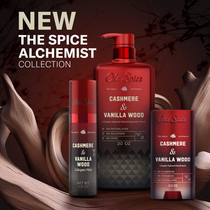Old Spice Body Wash for Men, The Spice Alchemist Collection, 24/7 Cologne Infused Hydration, No Trade Off Formula, Free of Phthalates Silicones & Dyes, Cashmere + Vanilla Wood Scent, 20 oz Old Spice