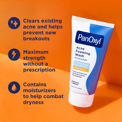 PanOxyl 10% Benzoyl Peroxide Acne Foaming Wash, Maximum Strength, Daily Acne-Fighting Face and Body Cleanser, Face Wash to Clear, Treat and Prevent Acne Pimples and Stubborn Breakouts, 5.5 Oz Tube PanOxyl