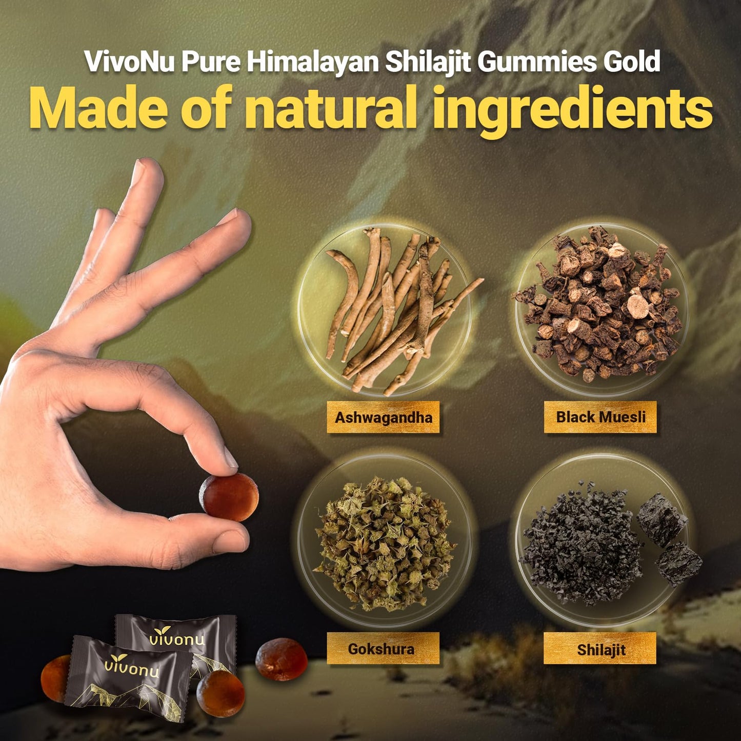 Himalayan9 Shilajit Gummies with Ashwagandha & Gokshura | 85+ Trace Minerals & Fulvic Acid | Organic, Non-GMO Micronutrient Supplement VivoNu