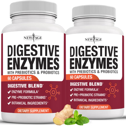 NEW AGE Digestive Enzymes for Gut Health - Probiotic Multi Enzymes with Prebiotics and Probiotics with Lipase for Women and Men for Digestive Health, NEW AGE