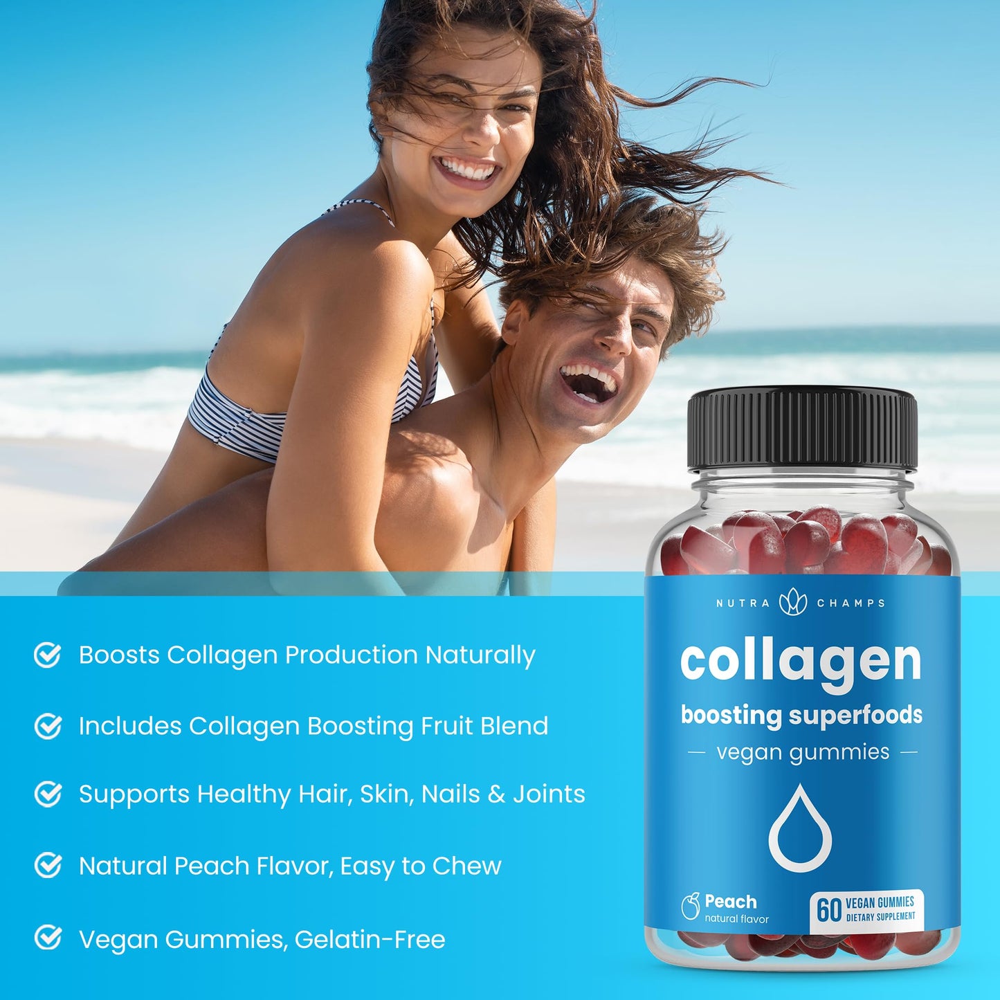 NutraChamps Collagen Boosting Gummies, Collagen Booster Gummy for Natural Collagen Production, Vegan Pectin Supplements Chews for Women & Men, NutraChamps