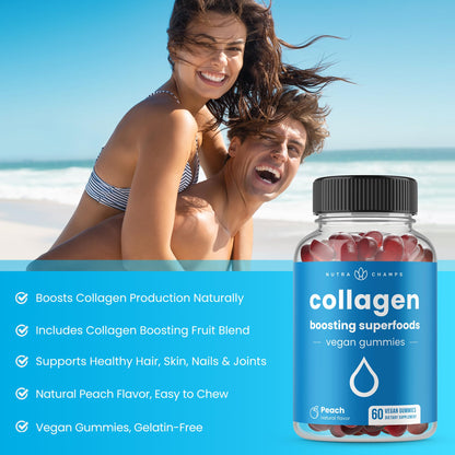 NutraChamps Collagen Boosting Gummies, Collagen Booster Gummy for Natural Collagen Production, Vegan Pectin Supplements Chews for Women & Men, NutraChamps