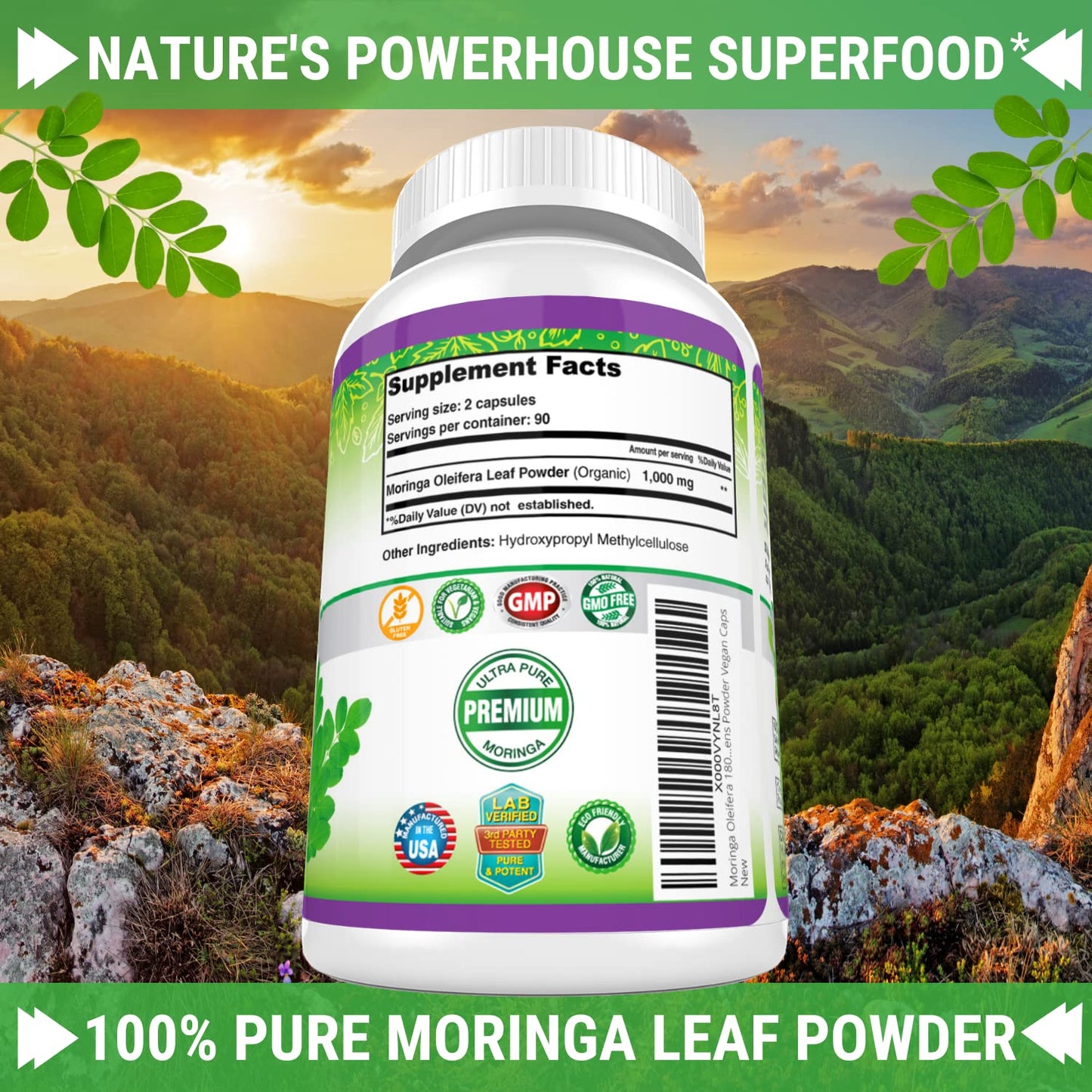 FRESH HEALTHCARE Moringa Capsules – 100% Pure Leaf Powder - 180 Pills, Non-GMO - 3 Month Supply - Complete Green Superfood for Energy FRESH HEALTHCARE