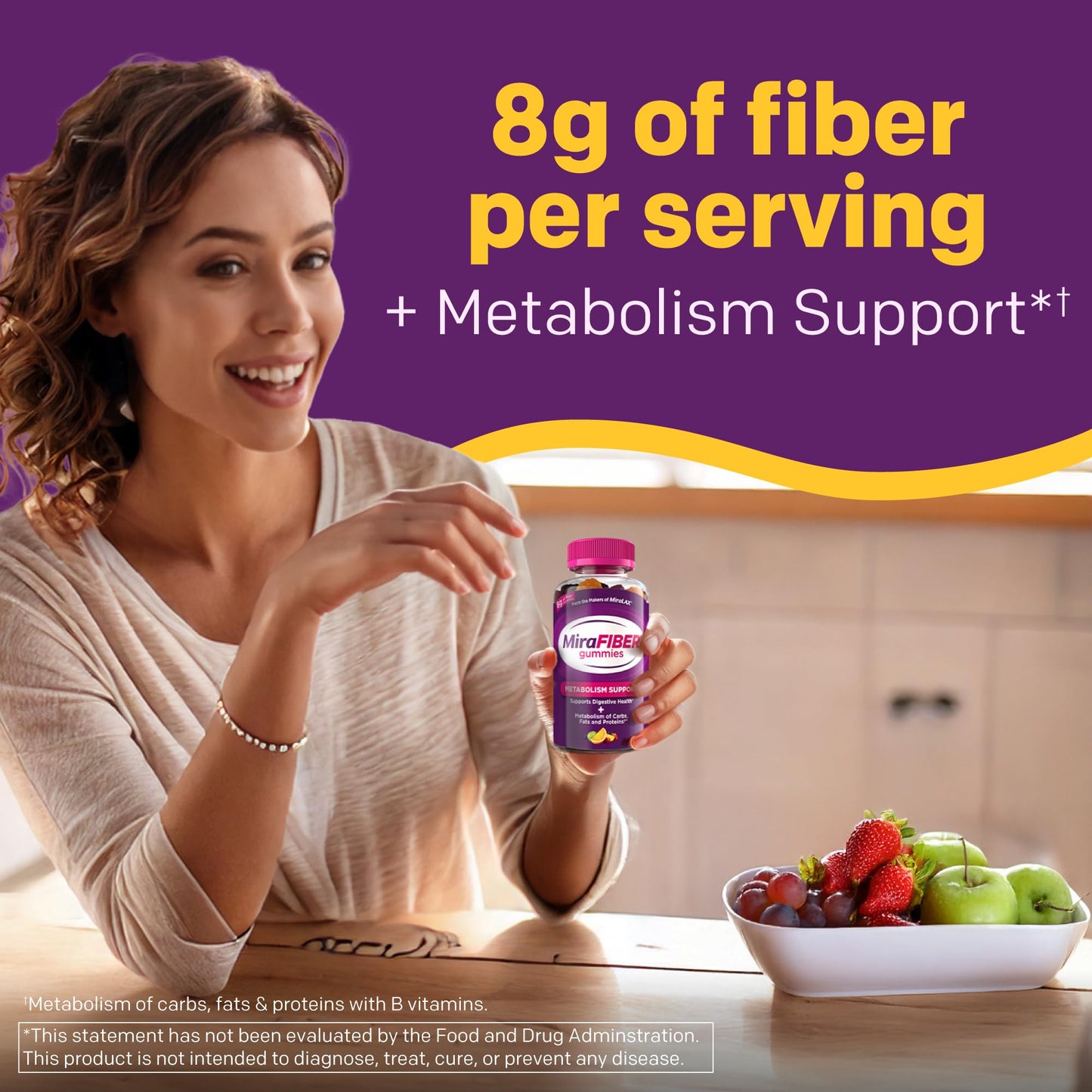 MiraFIBER Gummies from The Makers of MiraLAX, 8g of Daily Fiber Per Serving, Metabolism Support with B Vitamins, Gut Health for Men & Women MiraLAX