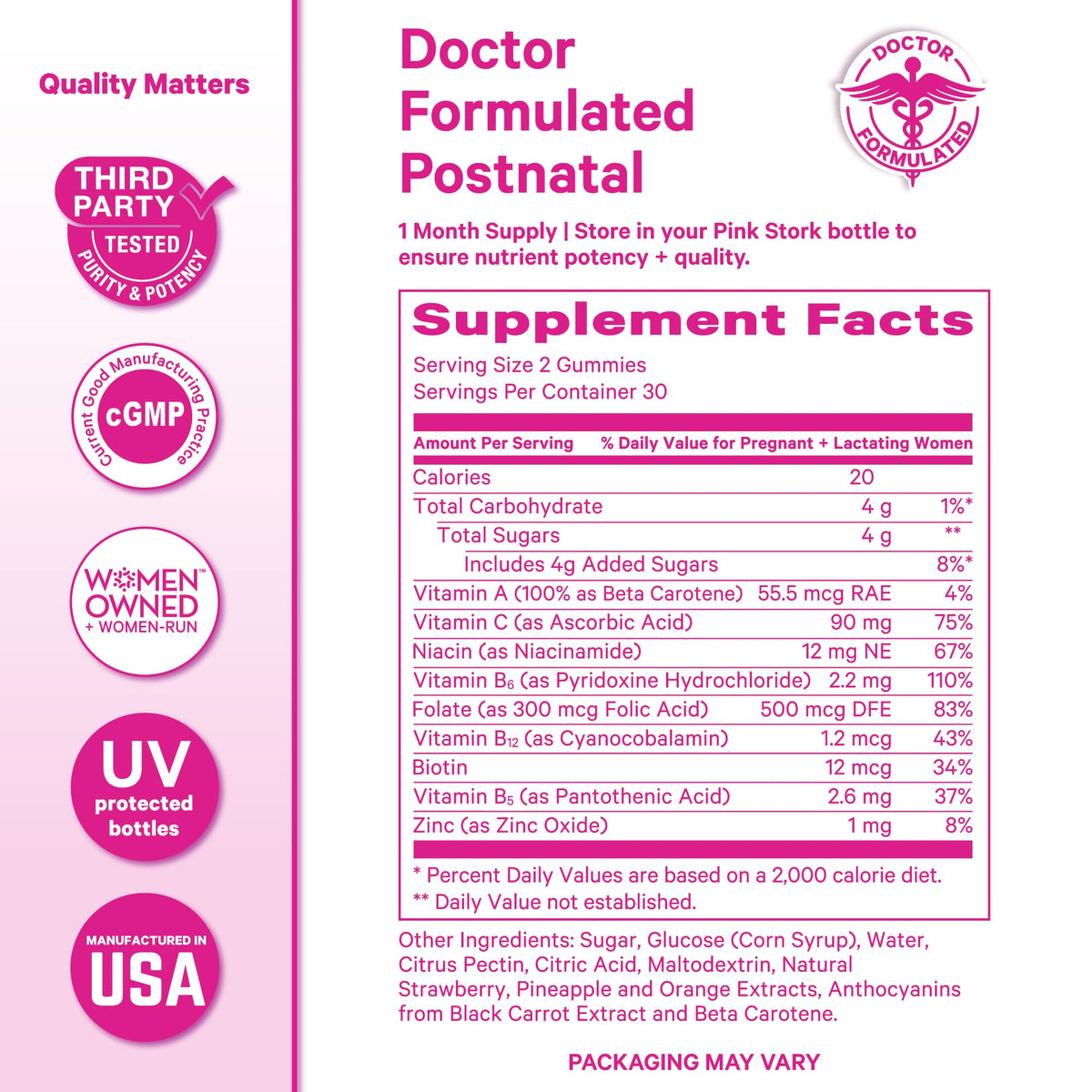 Pink Stork Total Postnatal Vitamin Gummies - Multivitamin for Postpartum Recovery and Lactation Support - Folic Acid, B6, and Vitamin C Pink Stork