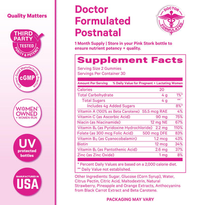 Pink Stork Total Postnatal Vitamin Gummies - Multivitamin for Postpartum Recovery and Lactation Support - Folic Acid, B6, and Vitamin C Pink Stork