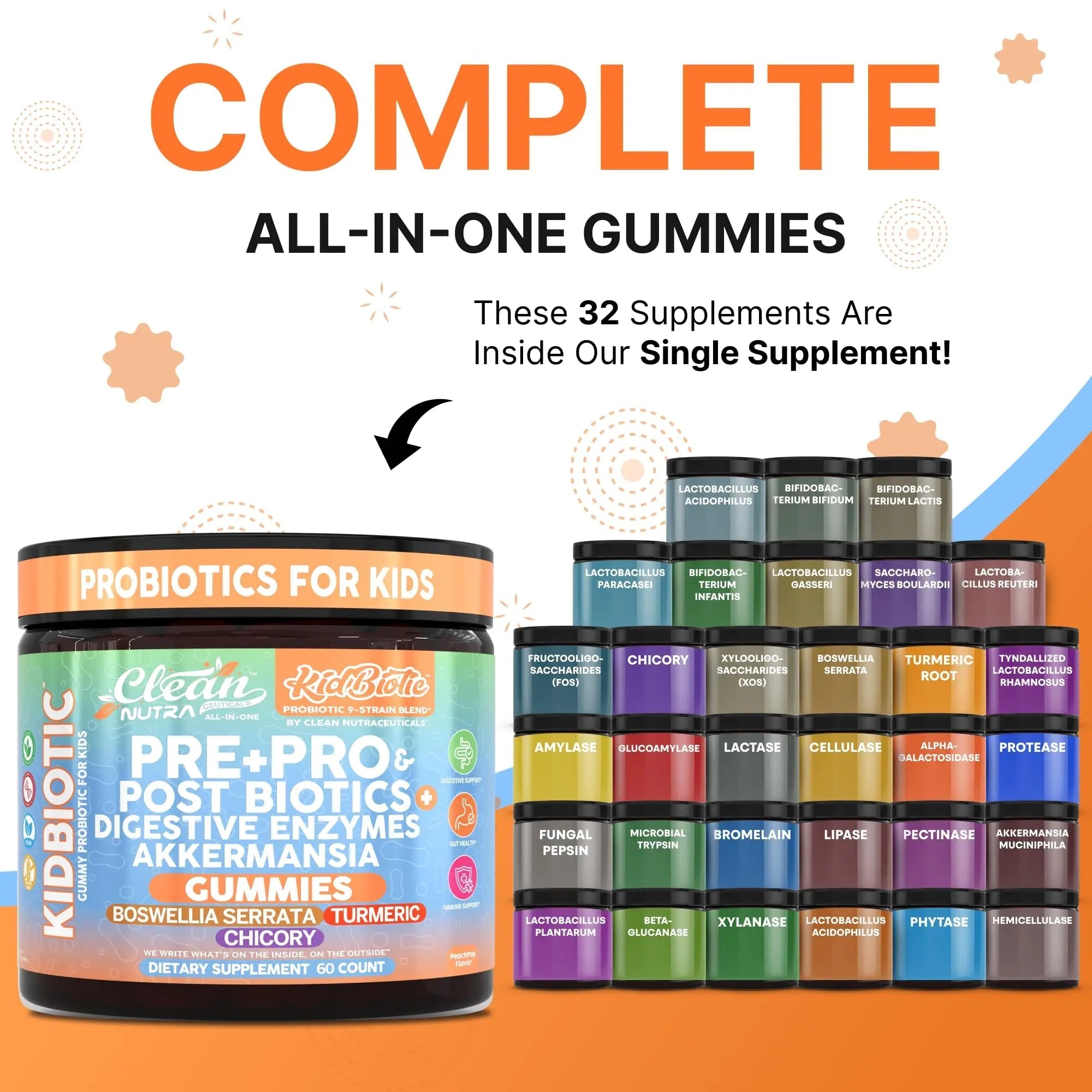 Clean Nutra Kids Probiotics Gummies with Prebiotics, Postbiotics, Digestive Enzymes, Akkermansia, Boswellia Serrata, Turmeric, Chicory – 60 Count – Plant-Based Supplement for Kids – PeachPop Flavor Clean Nutraceuticals buy australia supplements