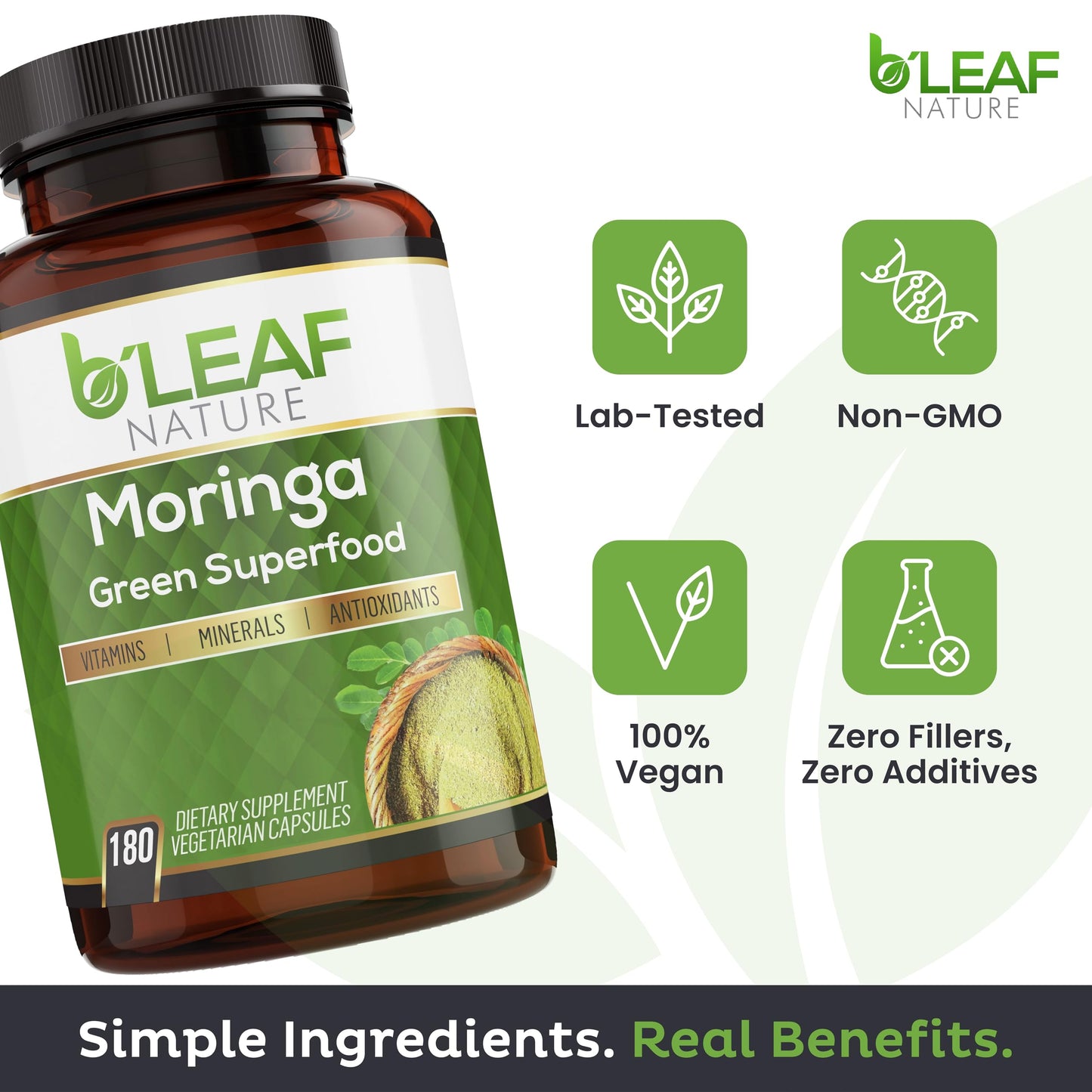 B'Leaf Nature Moringa Capsules Organic 1000mg — Pure Moringa Oleifera Leaf Powder Capsules for Energy & Immune Support B'LEAF NATURE
