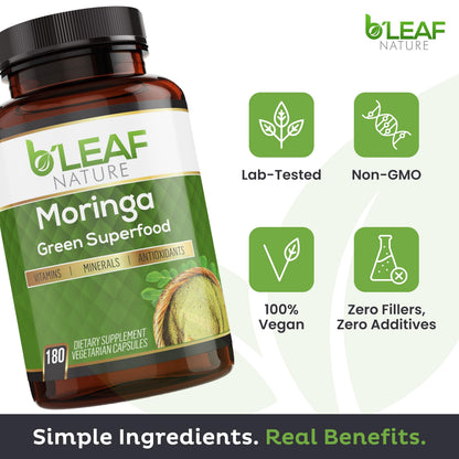 B'Leaf Nature Moringa Capsules Organic 1000mg — Pure Moringa Oleifera Leaf Powder Capsules for Energy & Immune Support B'LEAF NATURE