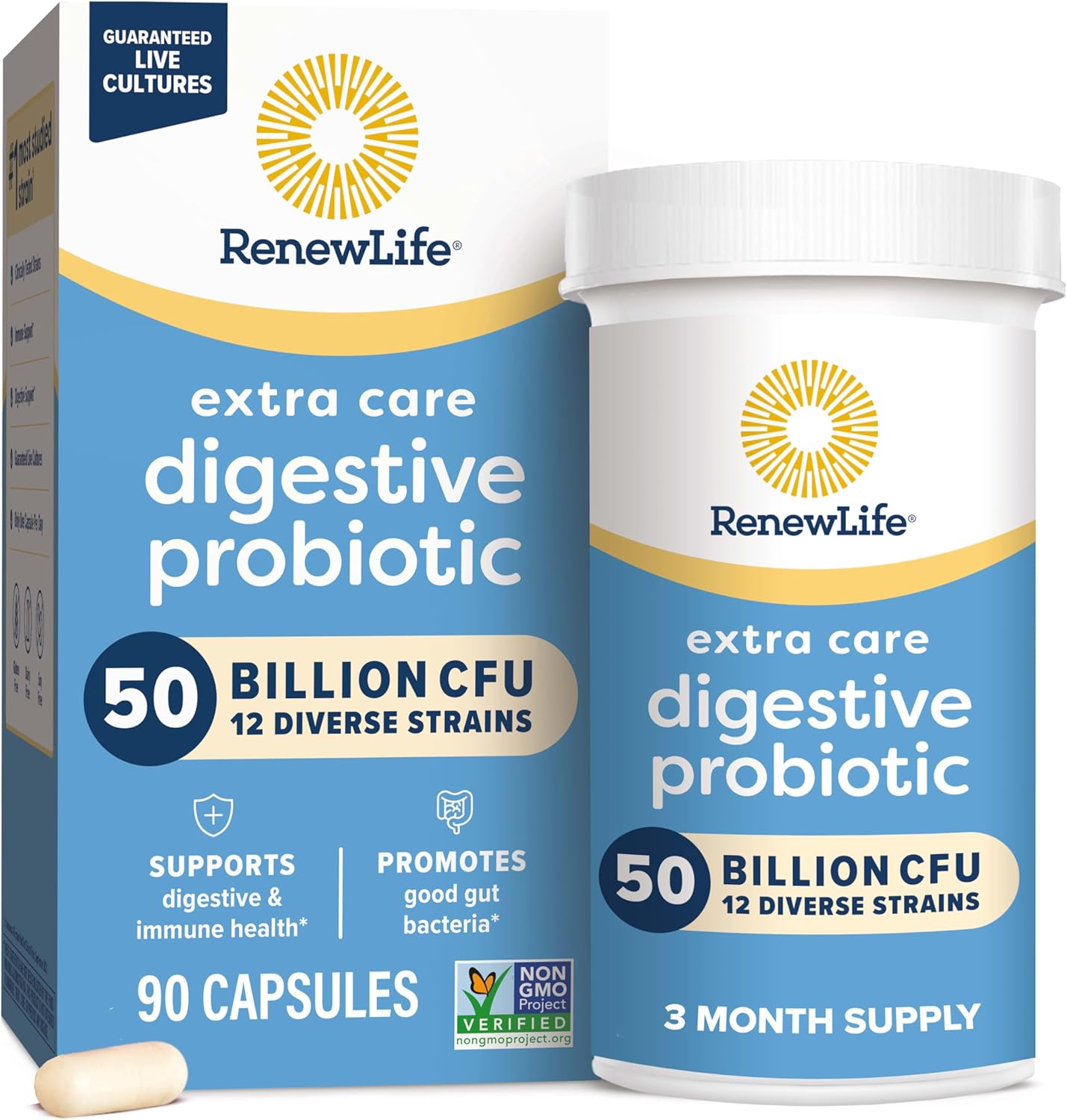 Renew Life Extra Care Digestive Probiotic Capsules, 50 Billion CFU Guaranteed, Daily Supplement Supports Immune, Digestive, Respiratory Health(1), L. Rhamnosus GG, Dairy, Soy and Gluten-Free, 90 Count | 90 Vegetarian Capsules | Supports Digestive, Immune Gsupps Australia