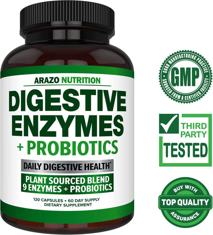 Digestive Enzymes with Probiotics - Multi Enzyme Nutritional Supplement - Acidophilus Bromelain Papaya Papain Lipase & Lactase - Improve Digestion - 120 Pills - Arazo Nutrition Gsupps Australia