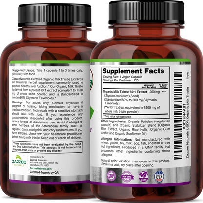 Zazzee USDA Organic Milk Thistle 30:1 Extract, 80% Silymarin, 120 Capsules | Vegan, 4 Month Supply, Certified Kosher, High Potency Liver & Antioxidant Support, Silybum Marianum, Non-GMO, Made in the USA Gsupps Australia