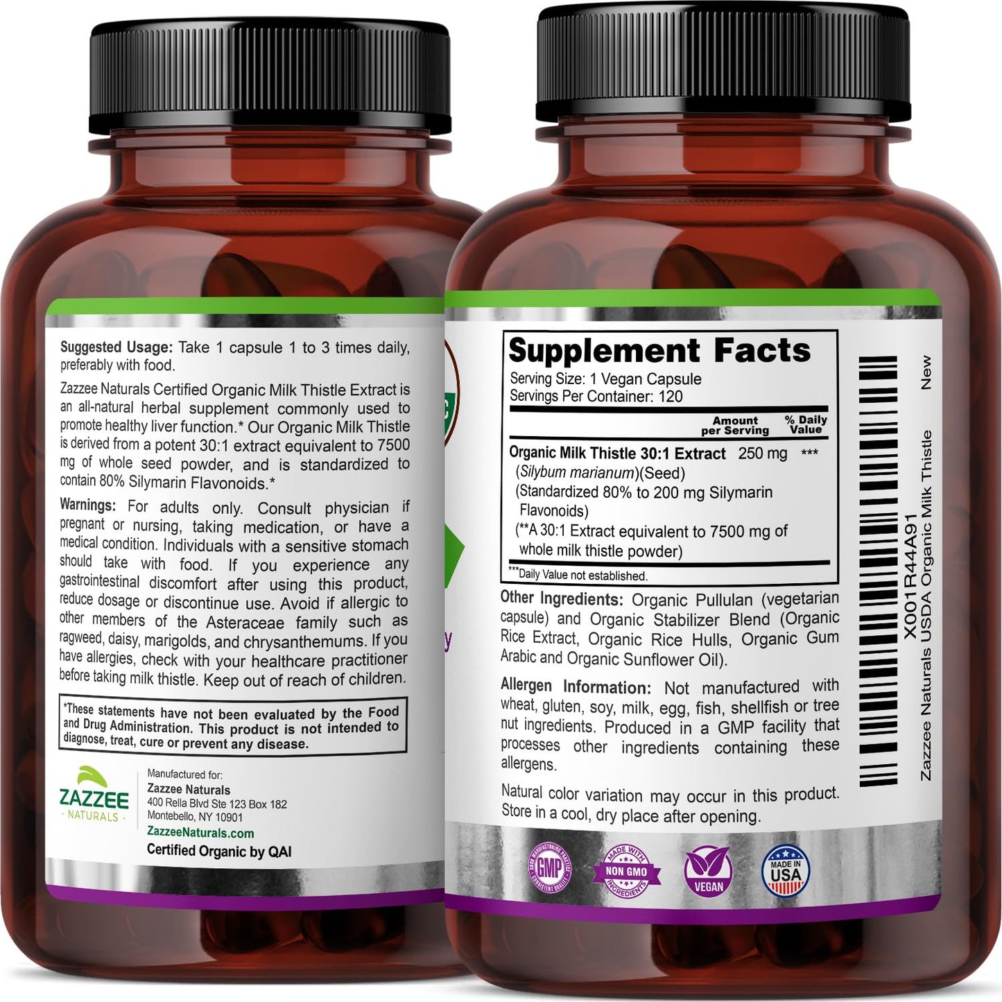 Zazzee USDA Organic Milk Thistle 30:1 Extract, 80% Silymarin, 120 Vegan Capsules, 4 Month Supply, Certified Kosher, High Potency Liver & Antioxidant Support Zazzee