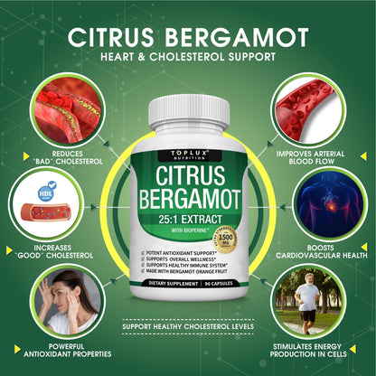 Citrus Bergamot Supplement 1500mg - 25:1 Bergamot Extract to Support Overall Health, Immune System, Potent Antioxidant High Absorption Natural Toplux