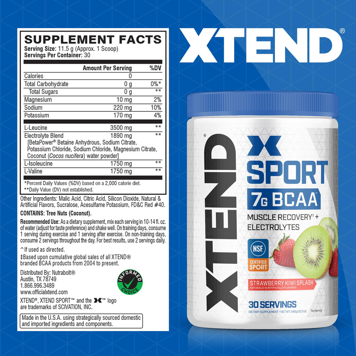 XTEND Sport BCAA Powder Strawberry Kiwi Splash - Electrolyte Powder for Recovery & Hydration with Amino Acids - 30 Servings Scivation