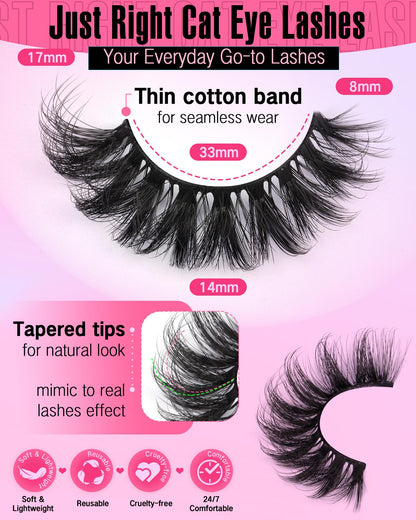 JIMIRE Mink Lashes Wispy Cat Eye Lashes Full 6D Volume False Eyelashes that Look Like Extensions 16MM Thick Soft D-Curly Fake Lashes 7 Pairs Pack JIMIRE