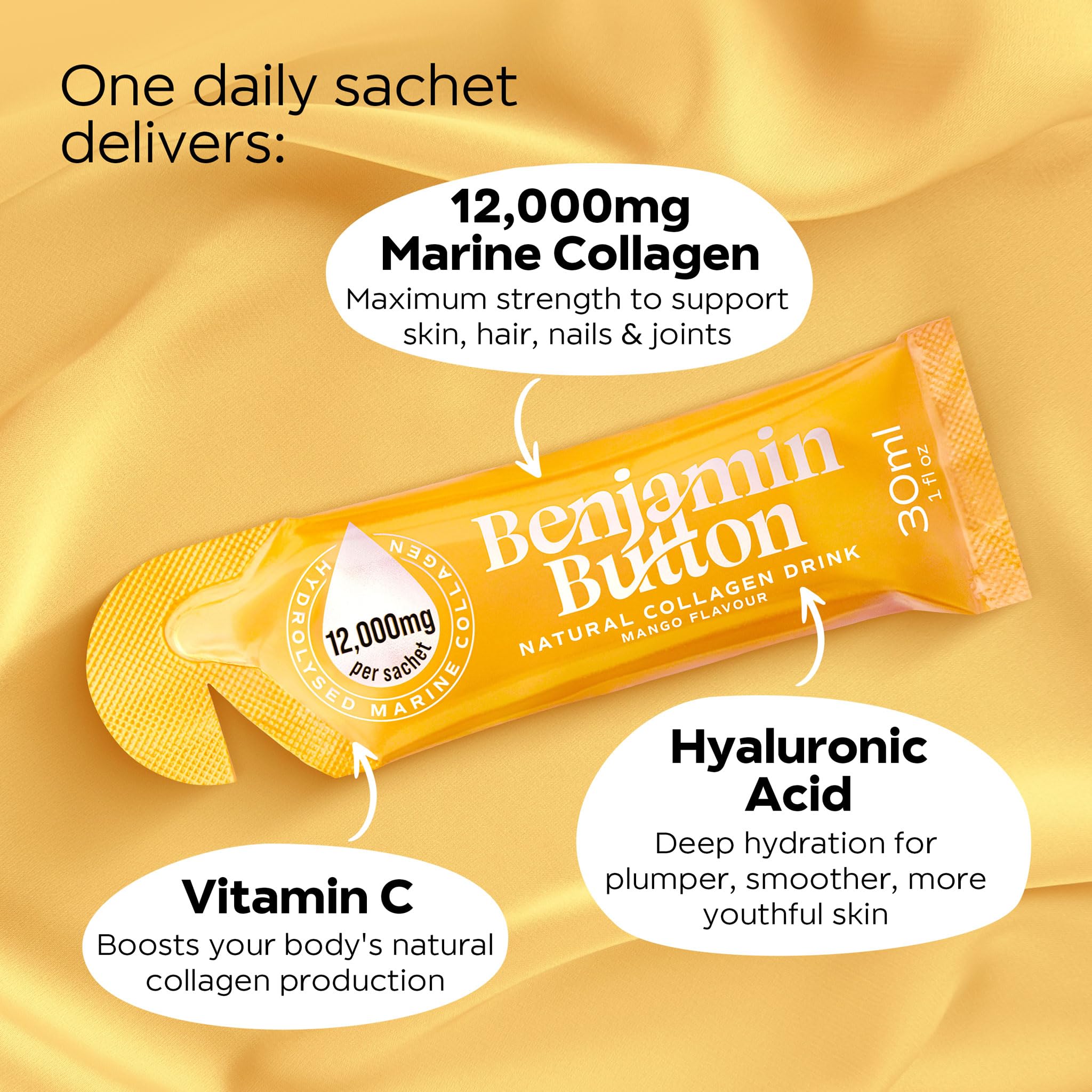 Benjamin Button 12,000mg Marine Collagen Liquid Shots| High Strength Hydrolyzed Marine Collagen Peptides w/Hyaluronic Acid & Vitamin C for Skin, Hair & Joints | Mango, 14 Daily Servings 30ml Benjamin Button buy australia supplements