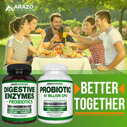 Digestive Enzymes with Probiotics - Multi Enzyme Nutritional Supplement - Acidophilus Bromelain Papaya Papain Lipase & Lactase - Improve Digestion - 120 Pills - Arazo Nutrition Gsupps Australia