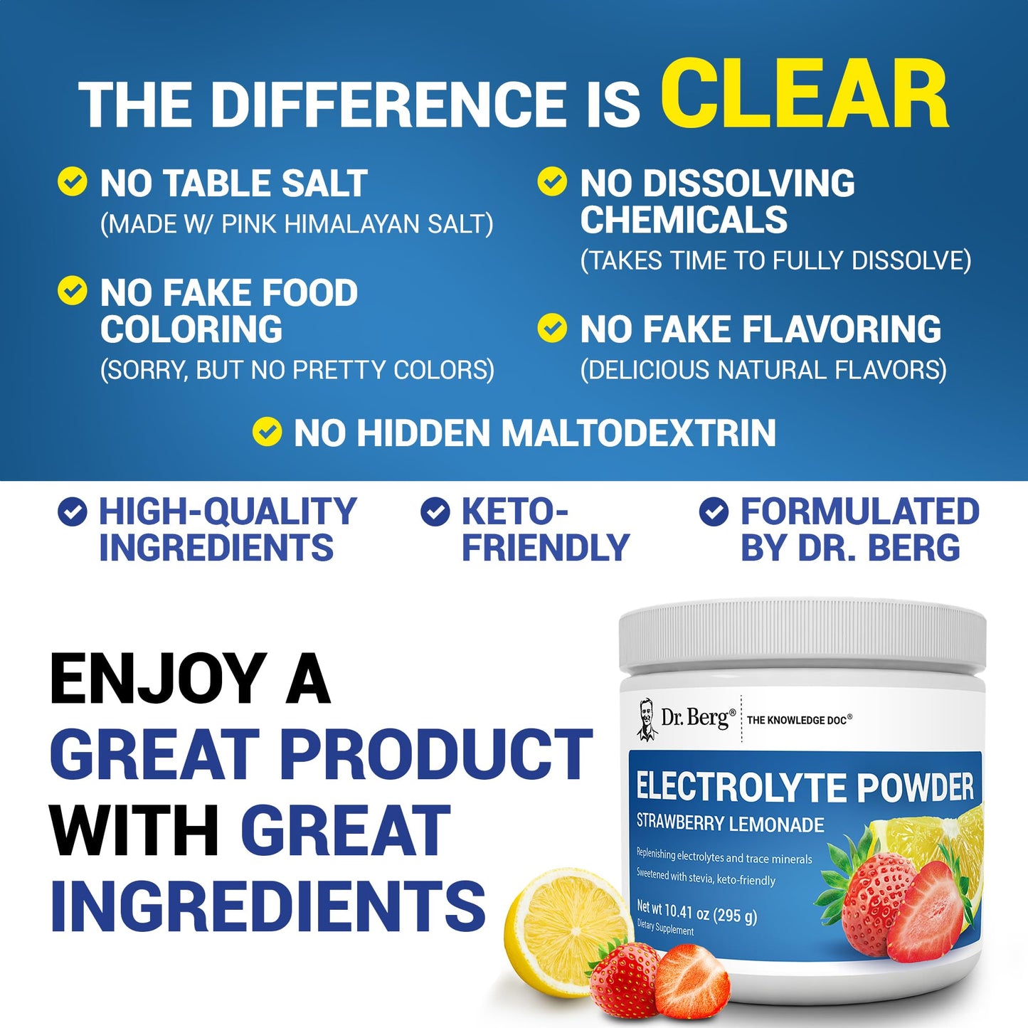 Dr. Berg Zero Sugar Hydration Keto Electrolyte Powder - Enhanced w/ 1000 mg of Potassium & Real Pink Himalayan Salt (NOT Table Salt) - Strawberry Lemonade Hydration Drink Supplement - 50 Servings Dr. Berg Nutritionals