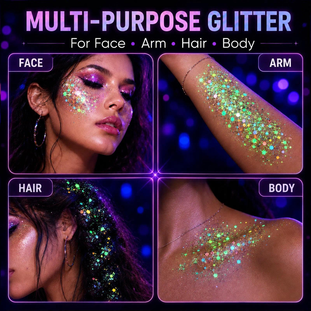 6 Colors Glow in the Dark Glitter Gel, UV Face Body Hair Makeup MiraWish