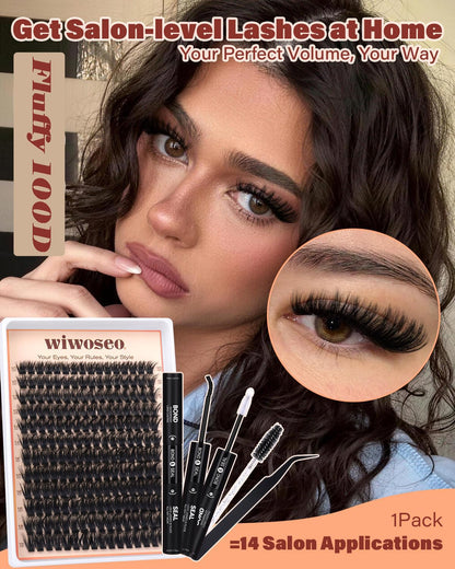 Lash Clusters Kit Fluffy 100D Thick Eyelash Clusters 10-18MM 192pcs D Curl wiwoseo
