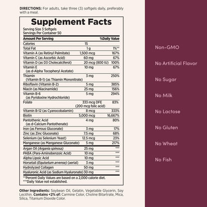 Nature's Bounty Advanced Hair, Skin & Nails, Argan-Infused Vitamin Supplement with Biotin and Hyaluronic Acid, 150 Rapid Release Softgels, 50 Total Servings Nature's Bounty