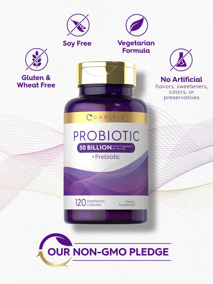 Carlyle Probiotics with Prebiotics | 120 Capsules | 50 Billion Active Organisms | Non-GMO & Gluten Free Supplement Carlyle