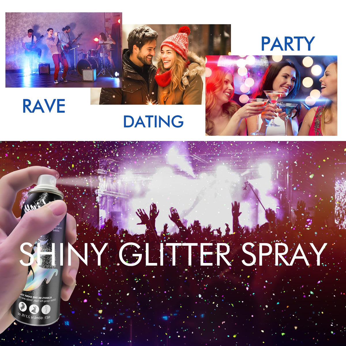 Ragkun Glitter Spray, Hair and Body Glitter Spray, Rave Makeup Ragkun