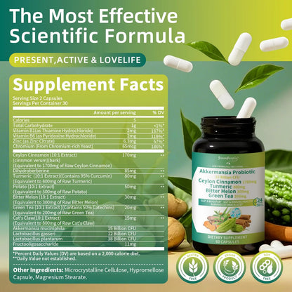 GREENPEOPLE Akkermansia Probiotics 15B CFU for Gut Function, 60CT Probiotics Supplement with Ceylon Cinnamon, Turmeric | Digestive Health & Metabolic Support GREENPEOPLE