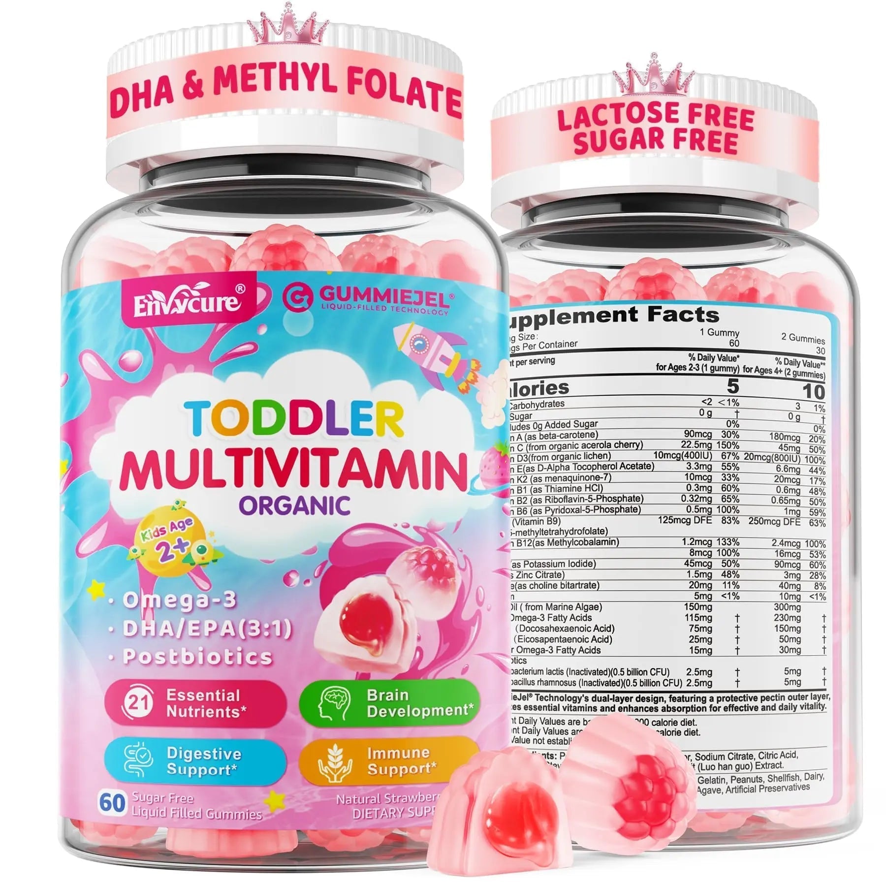 Organic Toddler Multivitamin Gummies + Omega-3 (DHA/EPA), Postbiotics | kids 2+ multivitamin | Vitamins A C D3 Methyl B12 Folate Zinc EnvyCure buy australia supplements