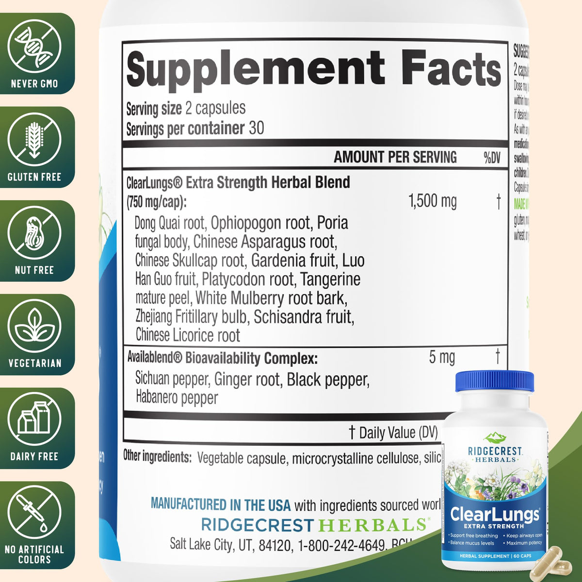 RidgeCrest Herbals ClearLungs Extra Strength, Daily Health Supplement, Natural Lung and Nasal Wellness Formula RidgeCrest Herbals