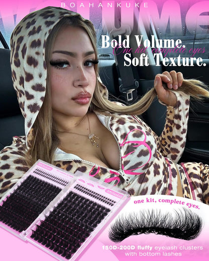 Fluffy Lash Clusters Kit with Bottom Lashes Volume Eyelash Extension Kit 150D+200D Thick Eyelash Clusters Kit 8-18MM Wispy Individual Lashes with Waterproof Lash Bond&Seal D Curl Lash Extension kit Boahankuke