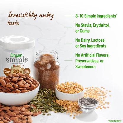 Orgain Organic Simple Vegan Protein Powder, Peanut Butter - 20g Plant Based Protein, With less Ingredients, No Artificial Sweeteners, Gluten Free, No Dairy or Lactose, 1.25 lb (Packaging May Vary) Orgain