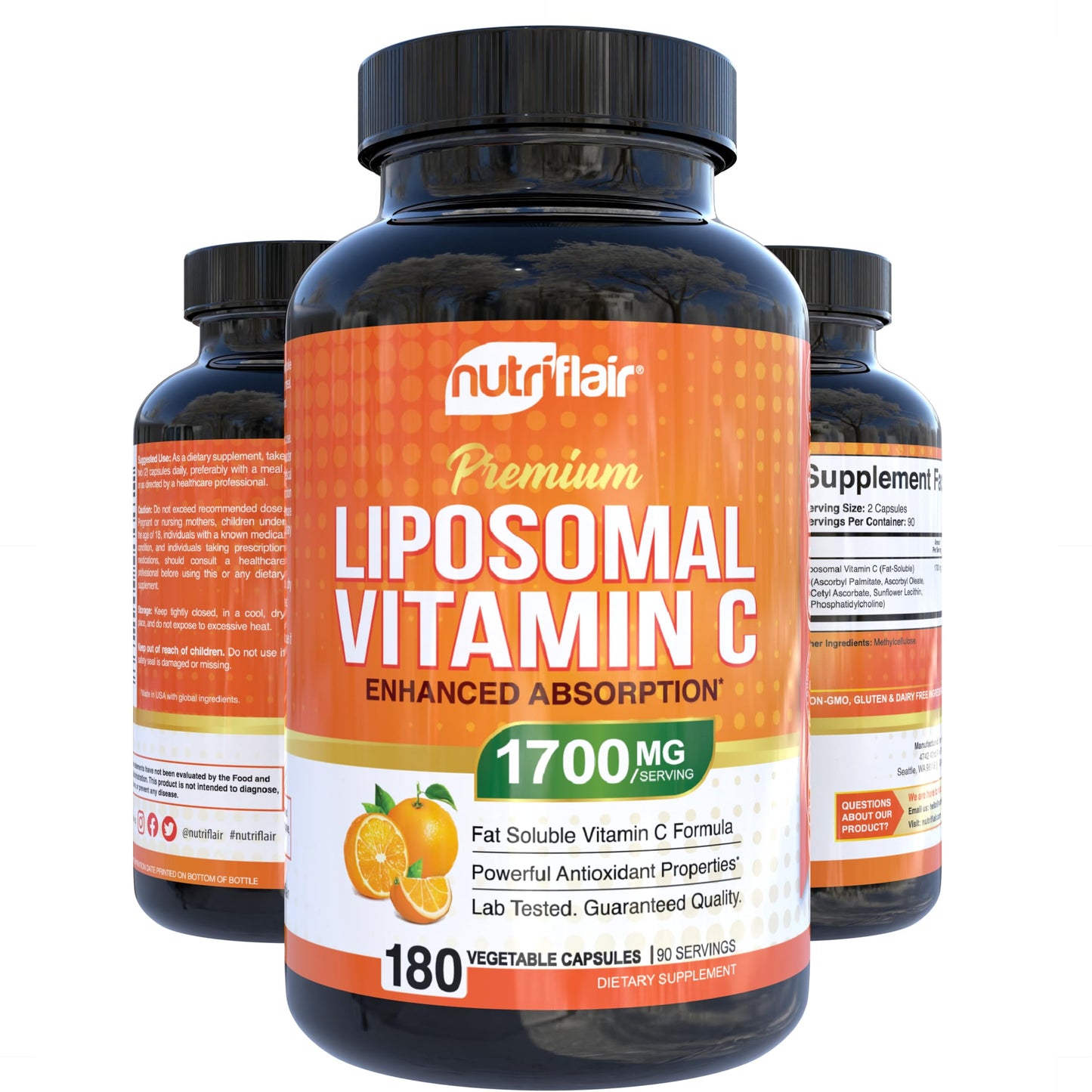 NutriFlair Liposomal Vitamin C 1700mg, 180 Capsules - High Absorption, Fat Soluble VIT C, Higher Bioavailability Immune System Support NutriFlair