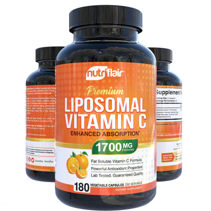 NutriFlair Liposomal Vitamin C 1700mg, 180 Capsules - High Absorption, Fat Soluble VIT C, Higher Bioavailability Immune System Support NutriFlair