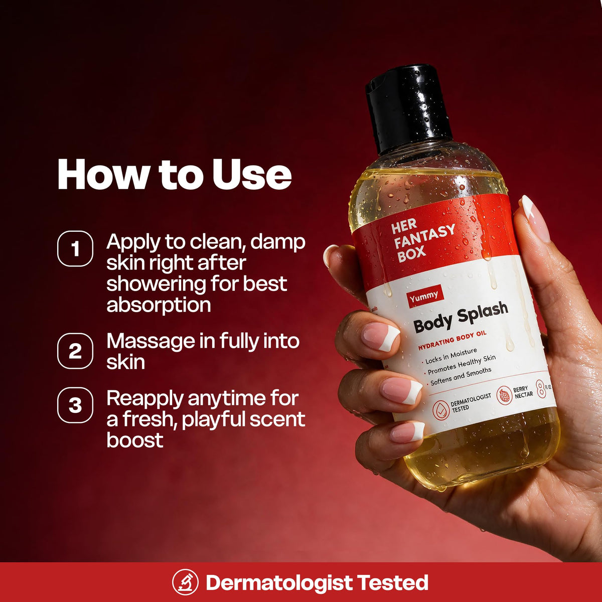 Her Fantasy Box | Body Splash Hydrating Body Oil (Yummy) - Moisturizing, Non-Greasy Formula for Soft, Smooth Skin - All-Natural, Lightweight & Nourishing Her Fantasy Box