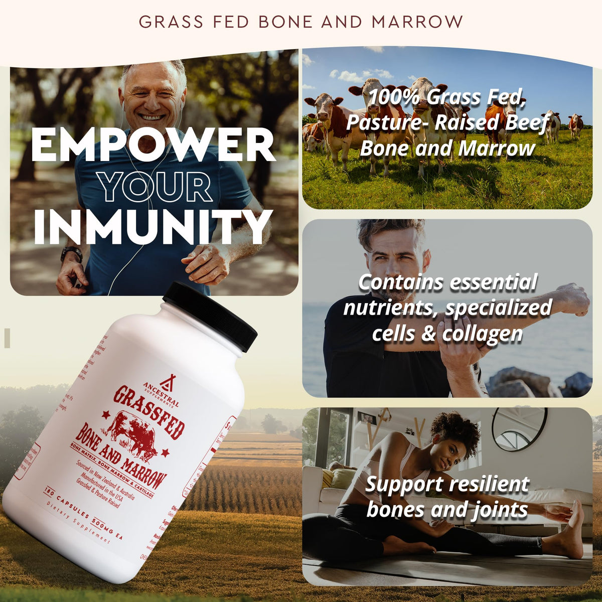 Ancestral Supplements Grass Fed Beef Bone and Marrow Supplement, 180 Ct Ancestral Supplements