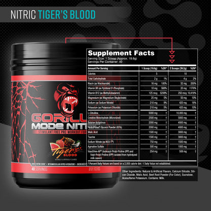 Gorilla Mode Nitric Upgraded Stimulant Free Pre-Workout – Best Tasting and Most Effective Stimulant Free Pre-Workout/Massive Pumps · Vasodilation · Power / 776 Grams (Cherry Blackout)