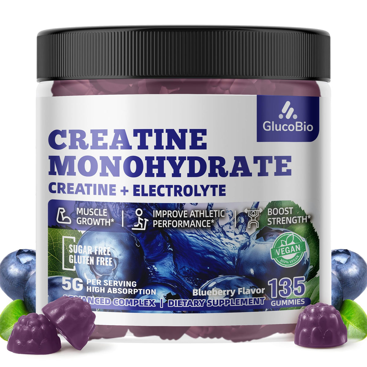 GlucoBio Creatine Monohydrate Gummies (5g) – Pre-Workout Energy & Muscle Growth Support for Men & Women GlucoBio