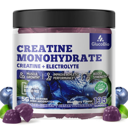 GlucoBio Creatine Monohydrate Gummies (5g) – Pre-Workout Energy & Muscle Growth Support for Men & Women GlucoBio