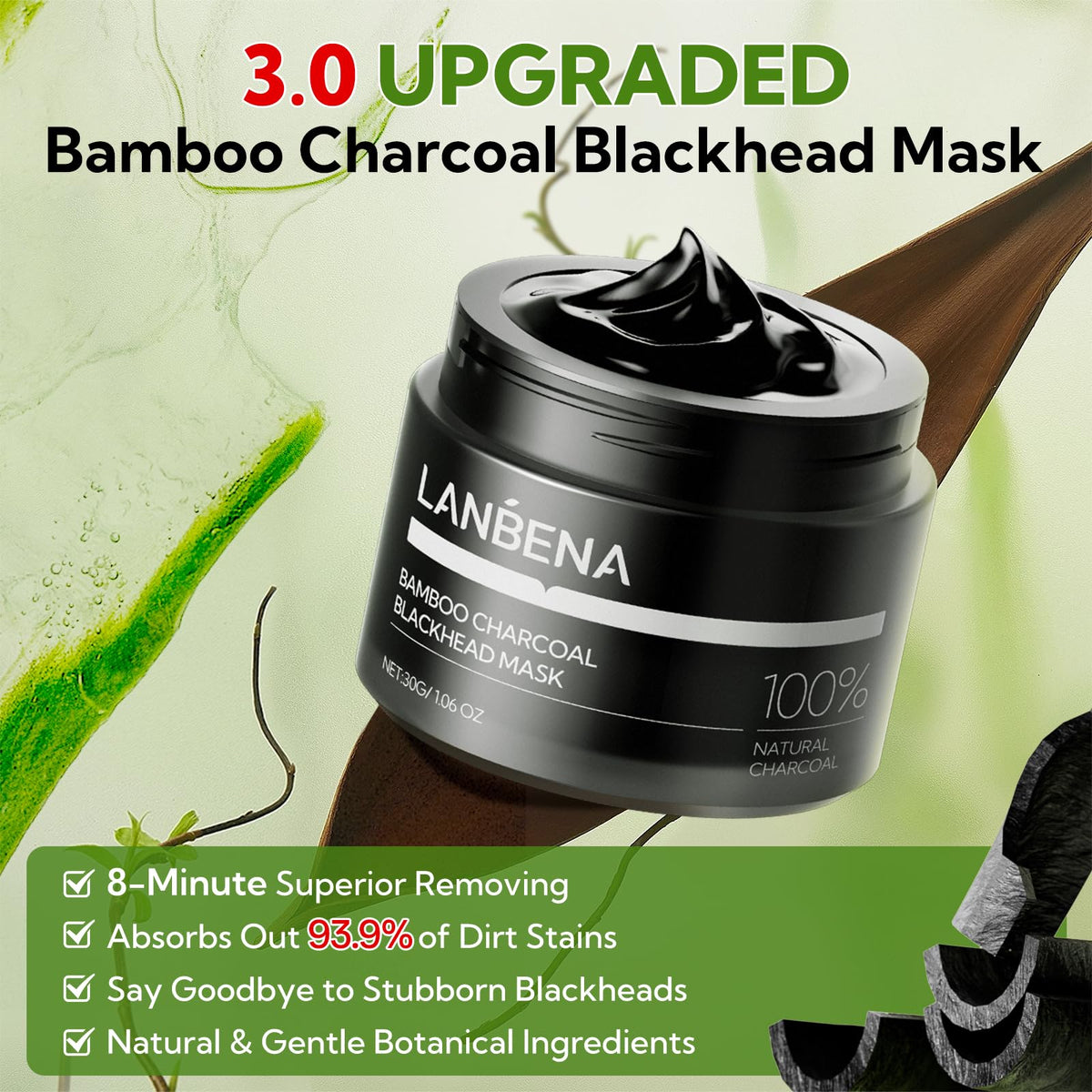 LANBENA 3.0 Bamboo Charcoal Blackhead Remover Mask, Nose Pore Strips, 60pcs LANBENA