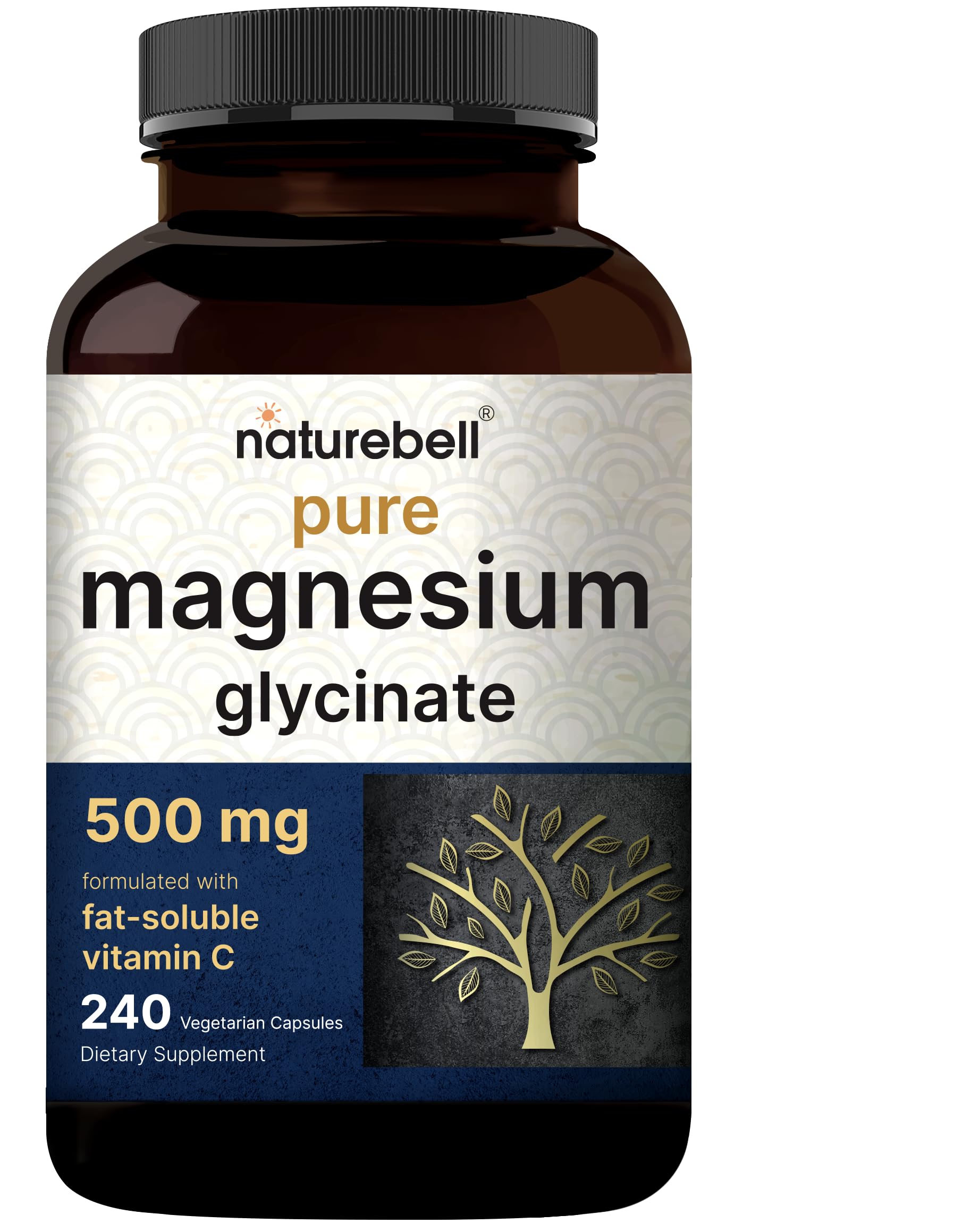 Naturebell Pure Magnesium Glycinate 500mg, 240 Veggie Capsules | 100% Chelated & Purified – 3rd Party Tested, Vegan Friendly, Non-GMO, Filler Free NatureBell