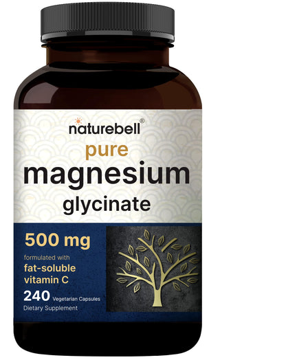 Naturebell Pure Magnesium Glycinate 500mg, 240 Veggie Capsules | 100% Chelated & Purified – 3rd Party Tested, Vegan Friendly, Non-GMO, Filler Free NatureBell