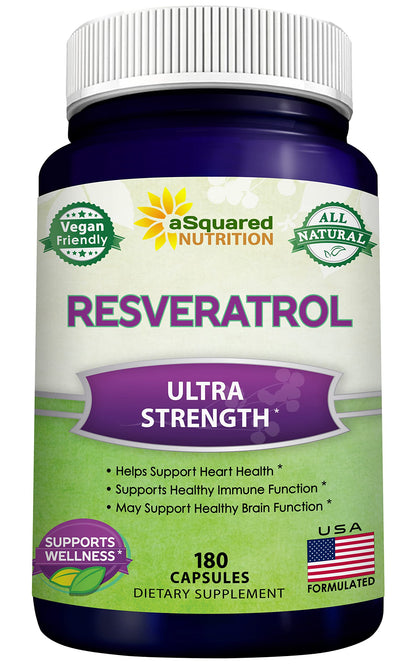 100% Natural Resveratrol - 1000mg Per Serving Max Strength (180 Capsules) Antioxidant Supplement, Trans-Resveratrol Pills aSquared Nutrition