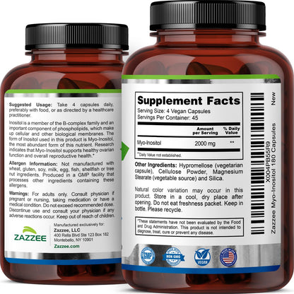 Zazzee Myo-Inositol Capsules, 2000 mg per Serving, 120 Vegan Capsules | Ideal Dosage for 40:1 Ratio, Certified Kosher, Hormone Balance & Healthy Ovarian Function Support, Non-GMO, Made in the USA Gsupps Australia