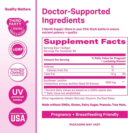 Pink Stork Sunflower Lecithin Supplement - 1200 mg - 60 Softgels | Formulated for Clogged Milk Ducts - Breastfeeding Essentials for Postpartum Moms - Supports Breast Milk Flow