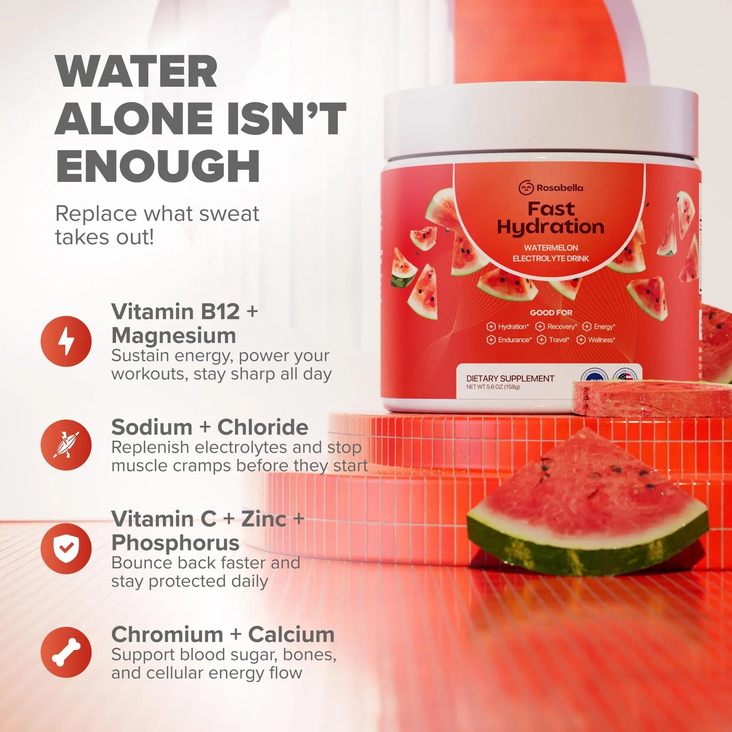 Rosabella Electrolyte Drink Powder – Watermelon – Sugar-Free Hydration Drink Mix – Electrolytes Powder with Sodium, Potassium, Magnesium, Calcium Rosabella